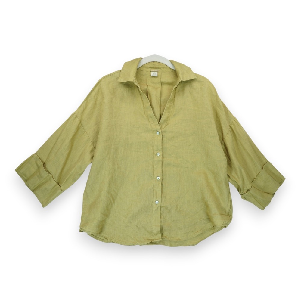 Magaschoni 100% Linen Button Down Shirt Oversized Half Sleeve Size Small Green